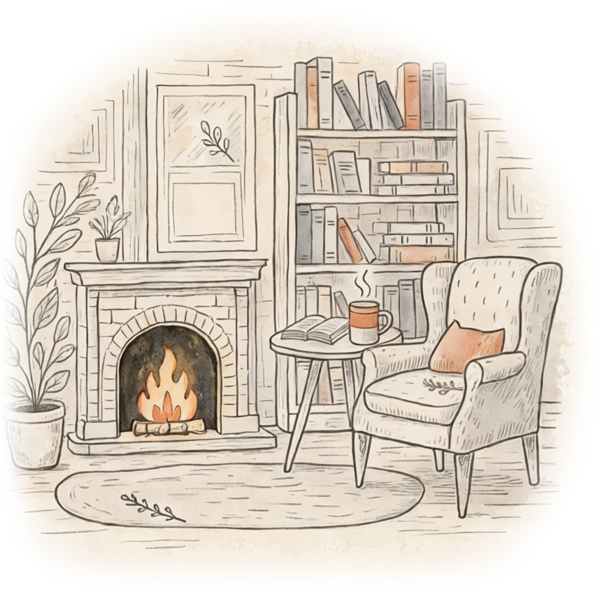 A cozy reading nook with a fireplace, a well-loved bookshelf, and a steaming cup of tea